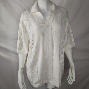 H&M Large pointelle knit polo shirt Y2K preppy school short sleeve country club